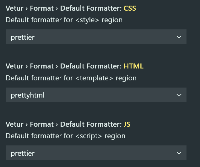 Screenshot of Vetur formatting settings